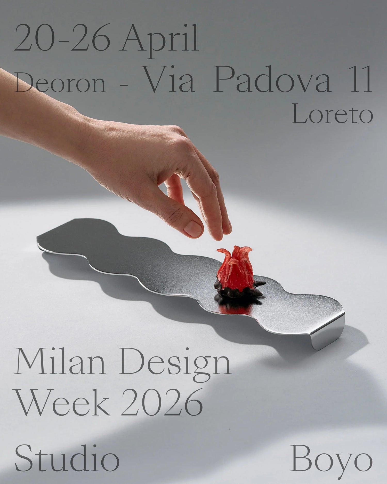 Poster showing exhibition  of sculptural trays  in stainless steel at milan design week 2026